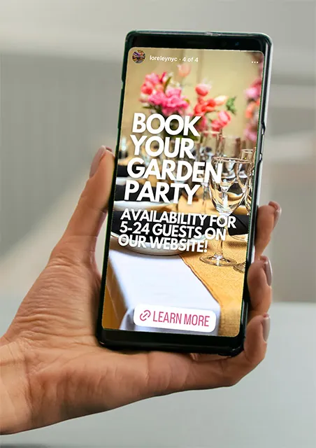 One of the ads on a phone: book your garden party, availability for 5 to 24 guests on our website